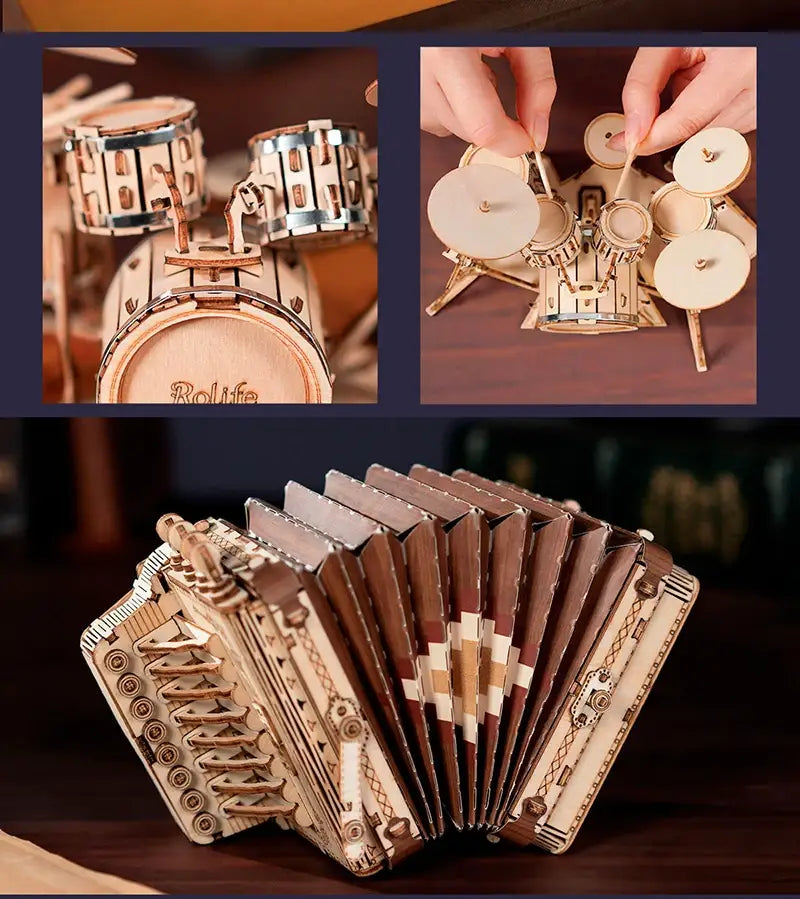 Robotime Rolife 3D Wooden Saxophone Drum kit Accordion Cello Model