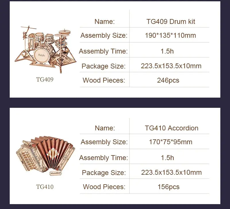 Robotime Rolife 3D Wooden Saxophone Drum kit Accordion Cello Model