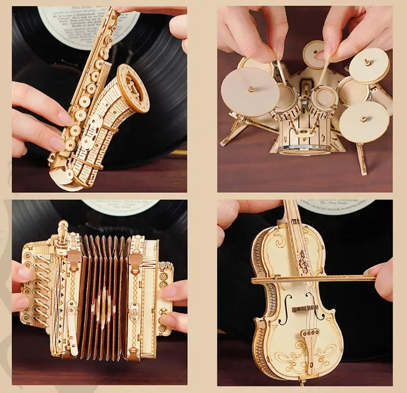 Robotime Rolife 3D Wooden Saxophone Drum kit Accordion Cello Model