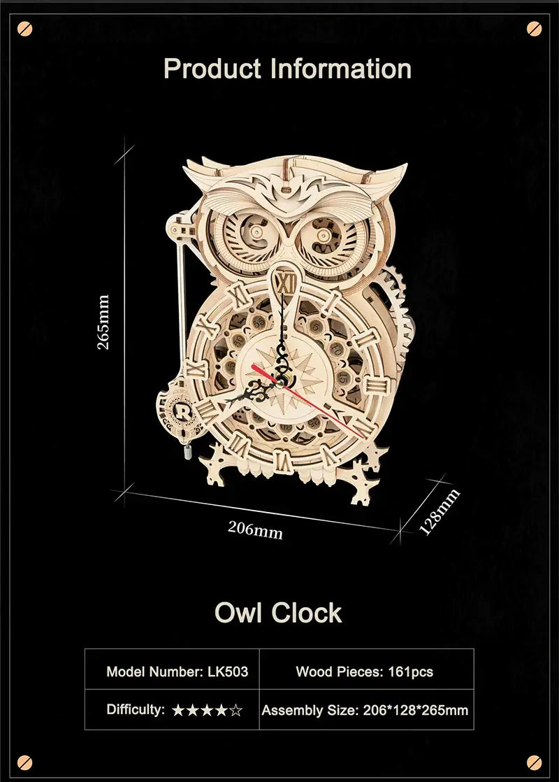 Robotime ROKR Owl Clock lk503 3D Wooden Puzzle - 161pcs