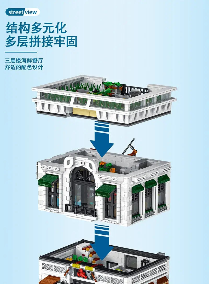 MOC Technic 10203 Seafood Restaurant Model City Modular Street View Series DIY - 4132 PCS