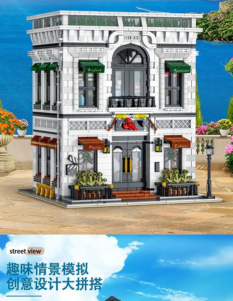 MOC Technic 10203 Seafood Restaurant Model City Modular Street View Series DIY - 4132 PCS