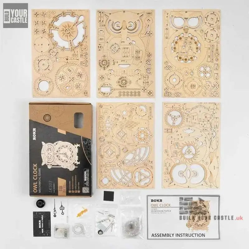 Robotime Owl Clock ROKR 3D Wooden Puzzle  Wall Model Building Block Kit - BuildYourCastle